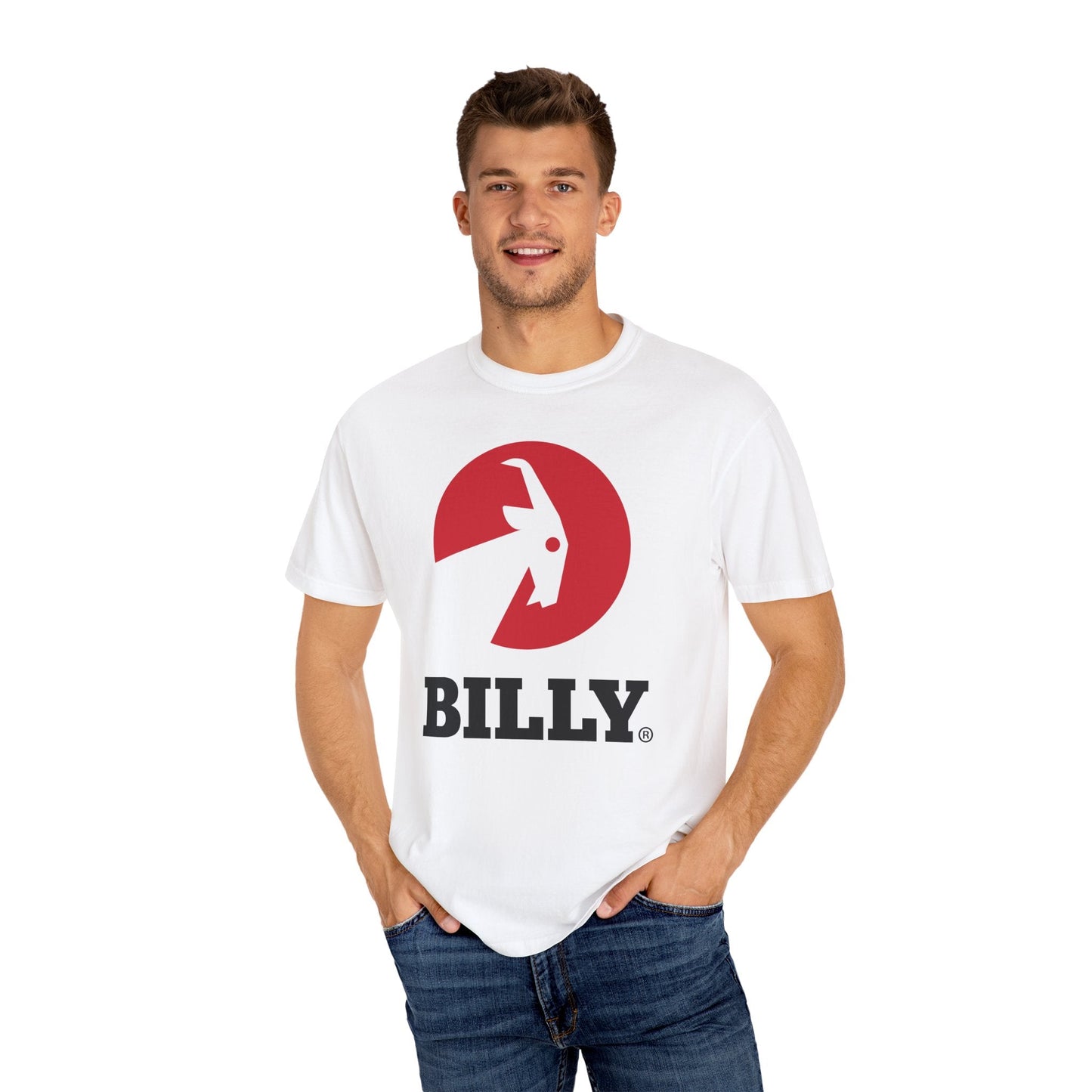 BILLY Unisex Garment-Dyed Tişört (Siyah/Kırmızı Vertical Logo)