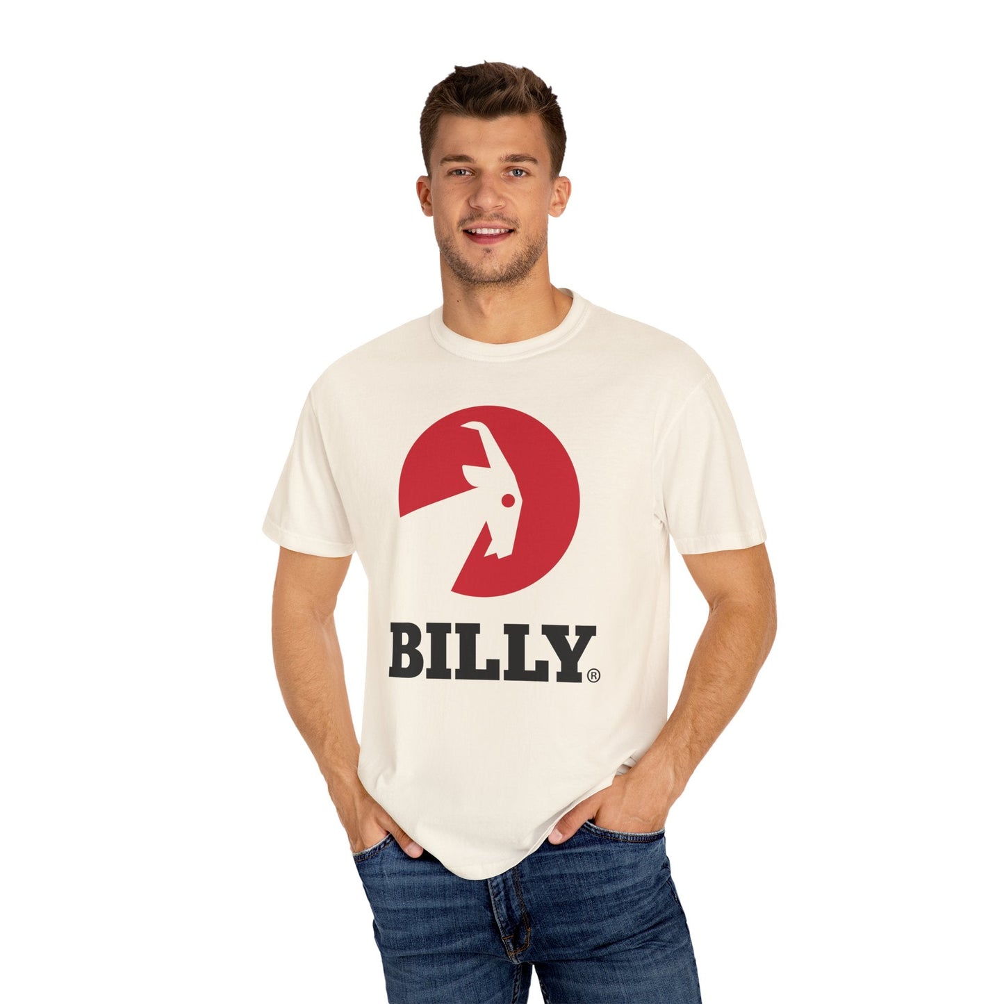 BILLY Unisex Garment-Dyed Tişört (Siyah/Kırmızı Vertical Logo)